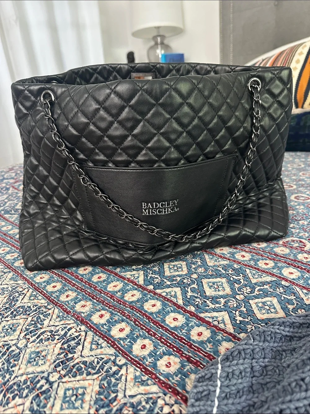 Badgley Mischka Black Quilted Chain-Handle Backpack